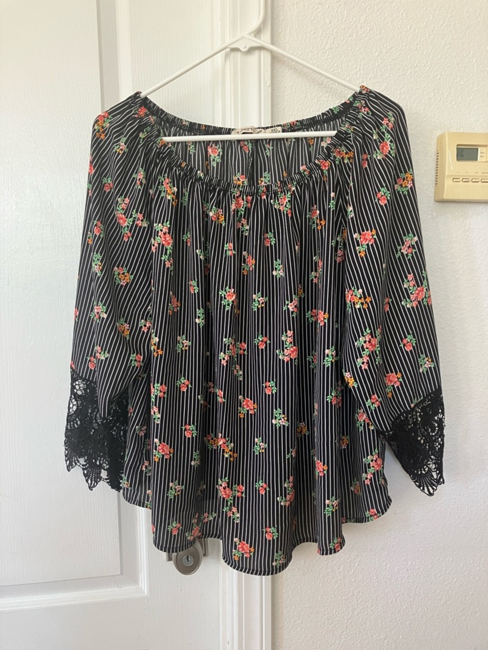 Liberty Love Black Striped Floral Off-Shoulder Top with Lace Sleeves